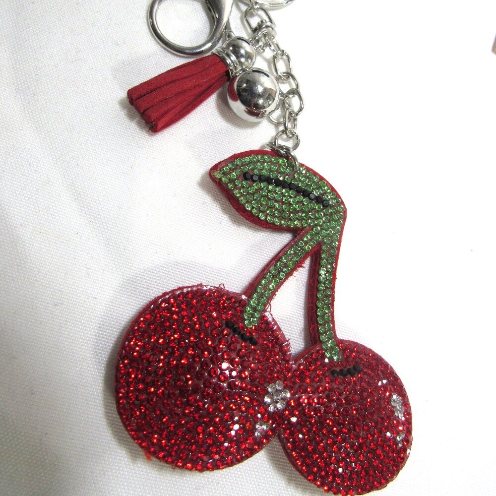 PAVE' RHINESTONE ENCRUSTED CHERRIES BAG CHARM AND KEY CHAIN NEW